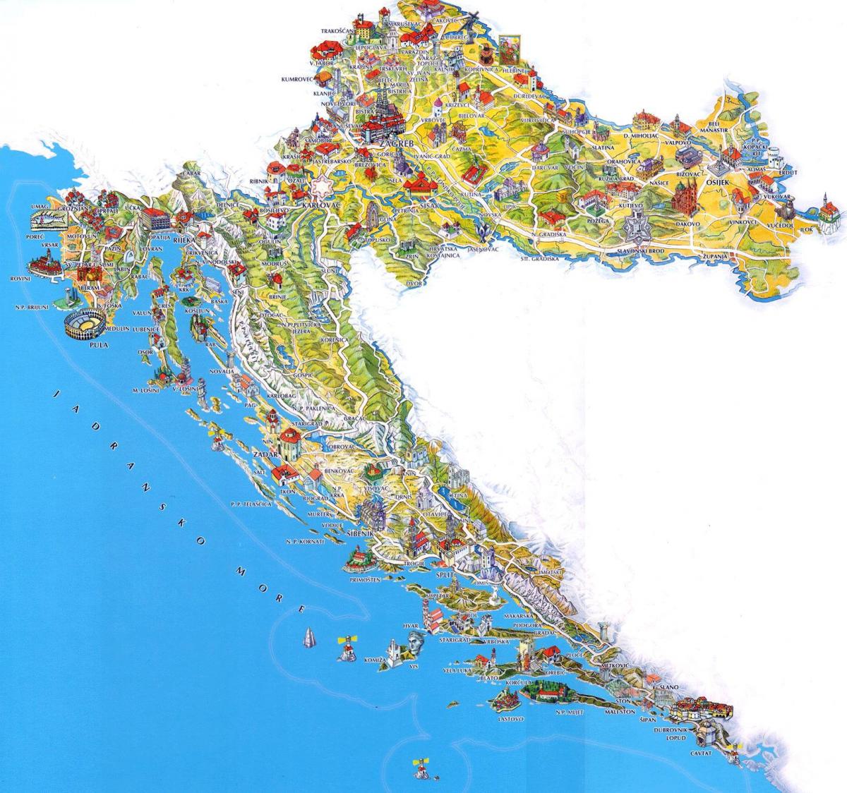 Carte des attractions touristiques de la Croatie