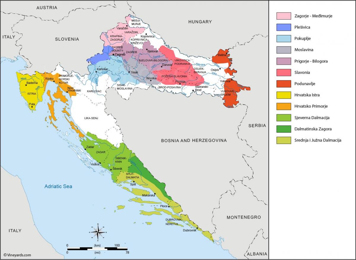Carte des vignobles de Croatie