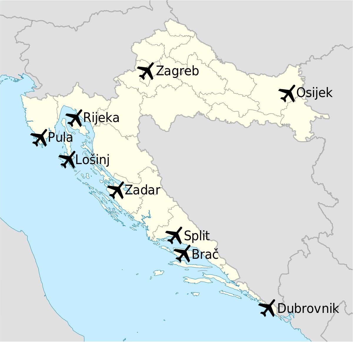 Carte des aéroports de Croatie