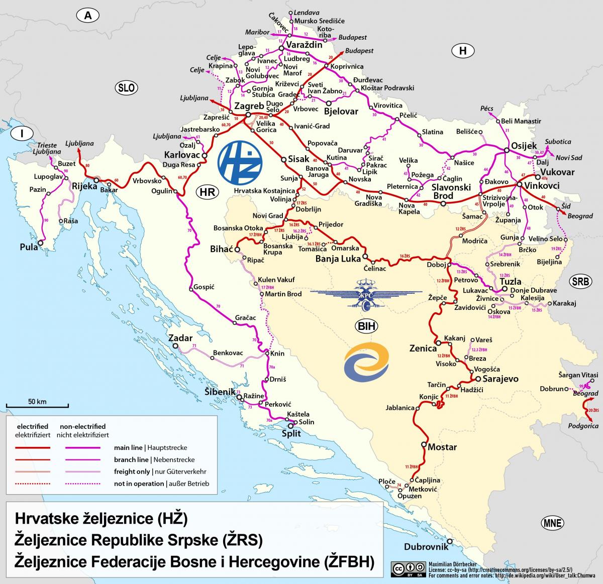 Carte des lignes ferroviaires de la Croatie