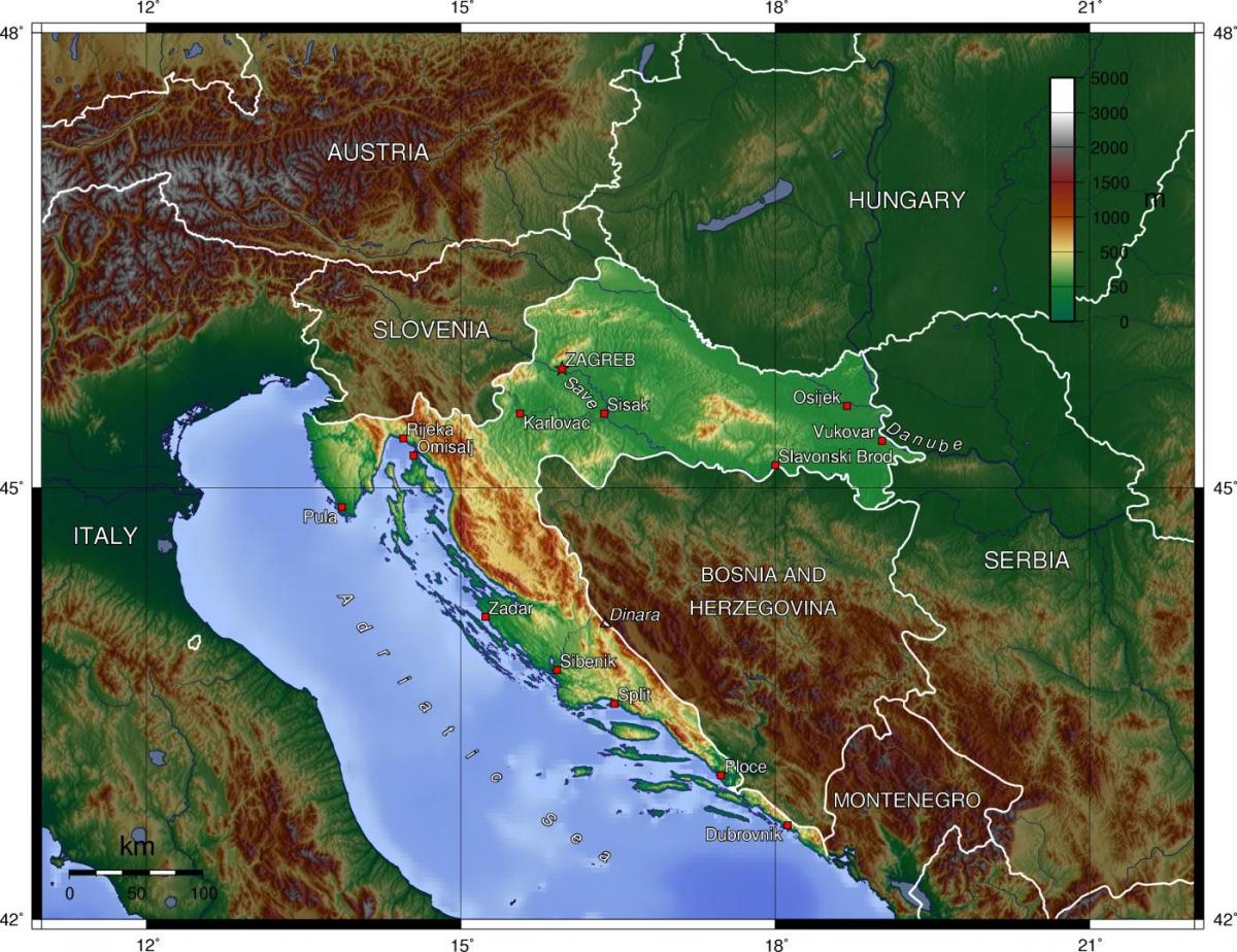 Carte topographique de la Croatie
