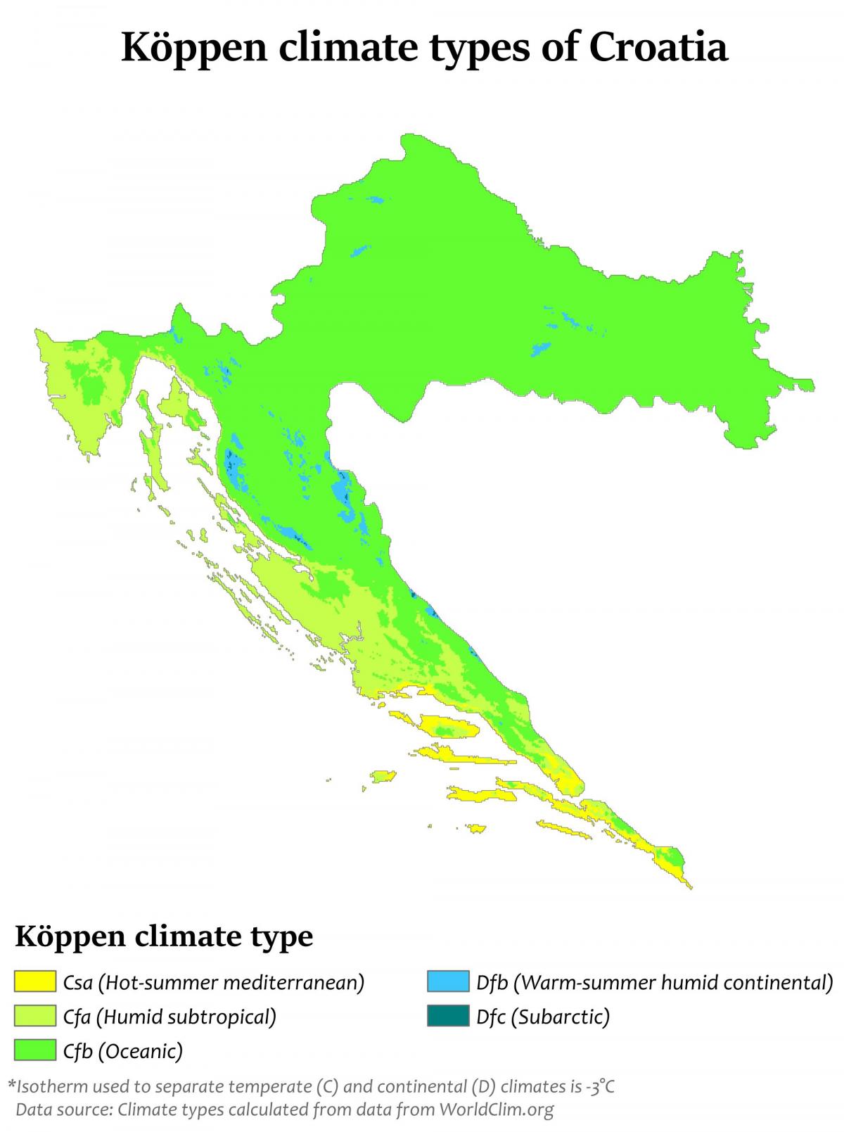 Carte des températures en Croatie